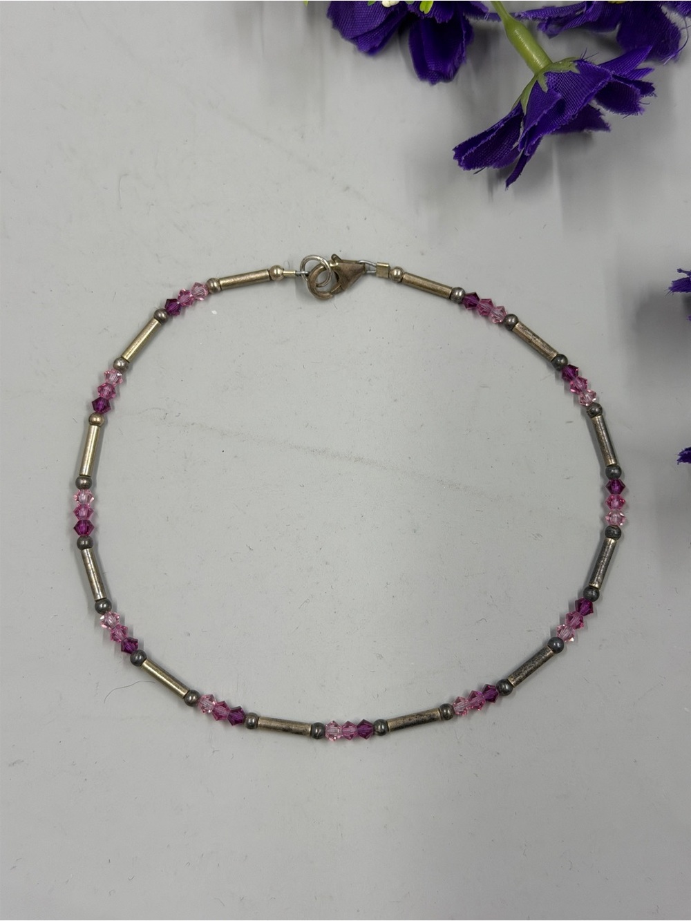 Delicate Pink Crystal and Silver Plated Beaded Anklet